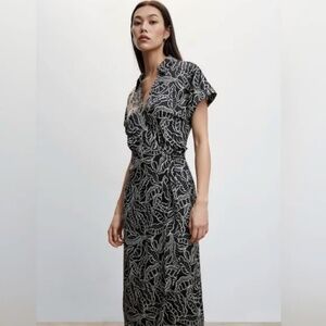 (SOLD) Mango black leaf pattern collared wrap midi dress, US size 10